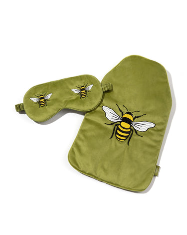 Olive Embroidered Bee Hot Water Bottle & Eye Mask Set